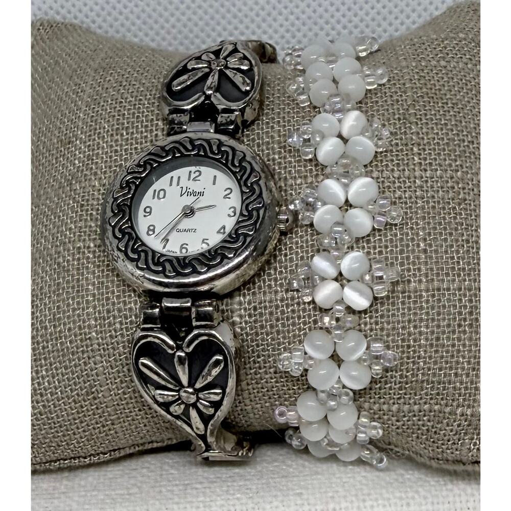 Vivani Watch and Bracelet Set Silver Floral White Beaded Romantic Gift